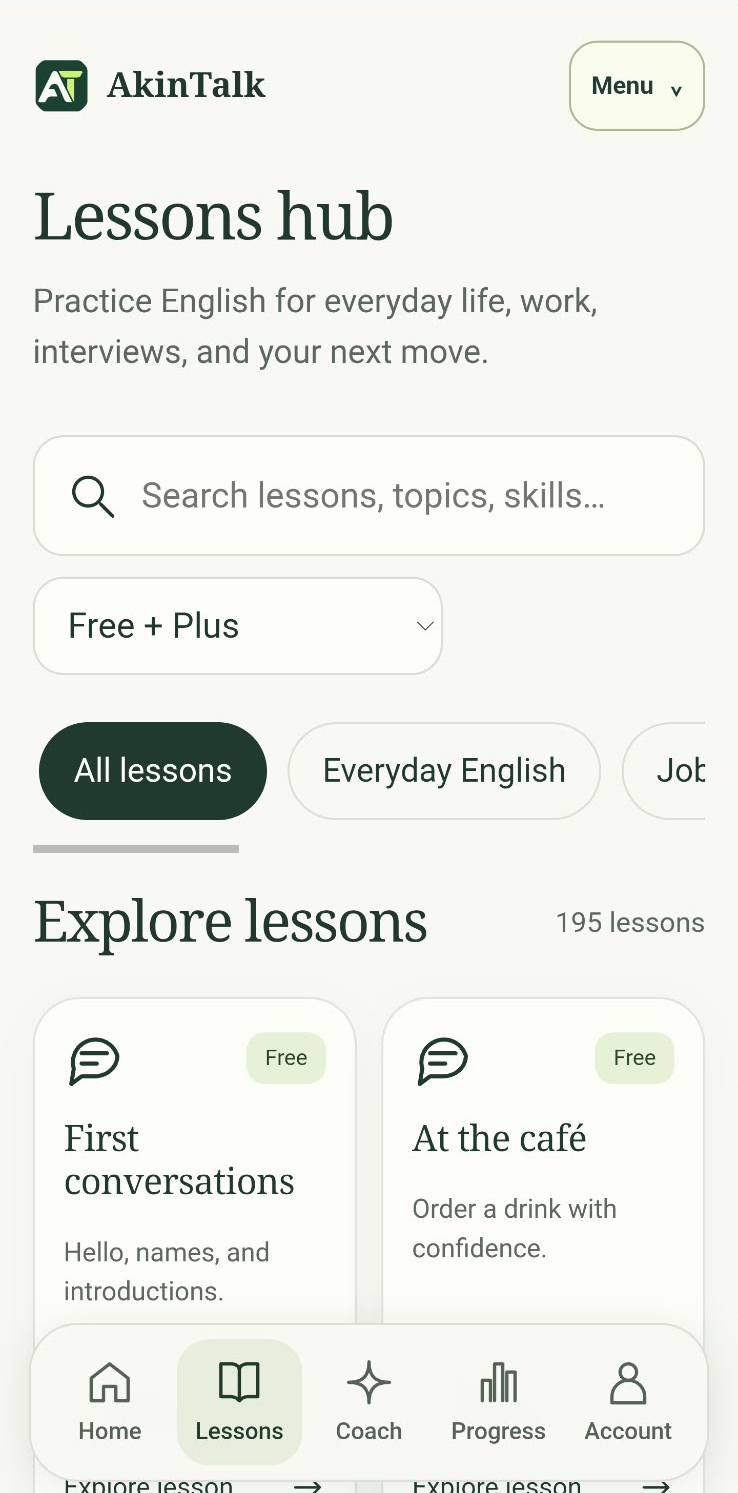 Explore lessons view showing 195 lessons and free starter cards